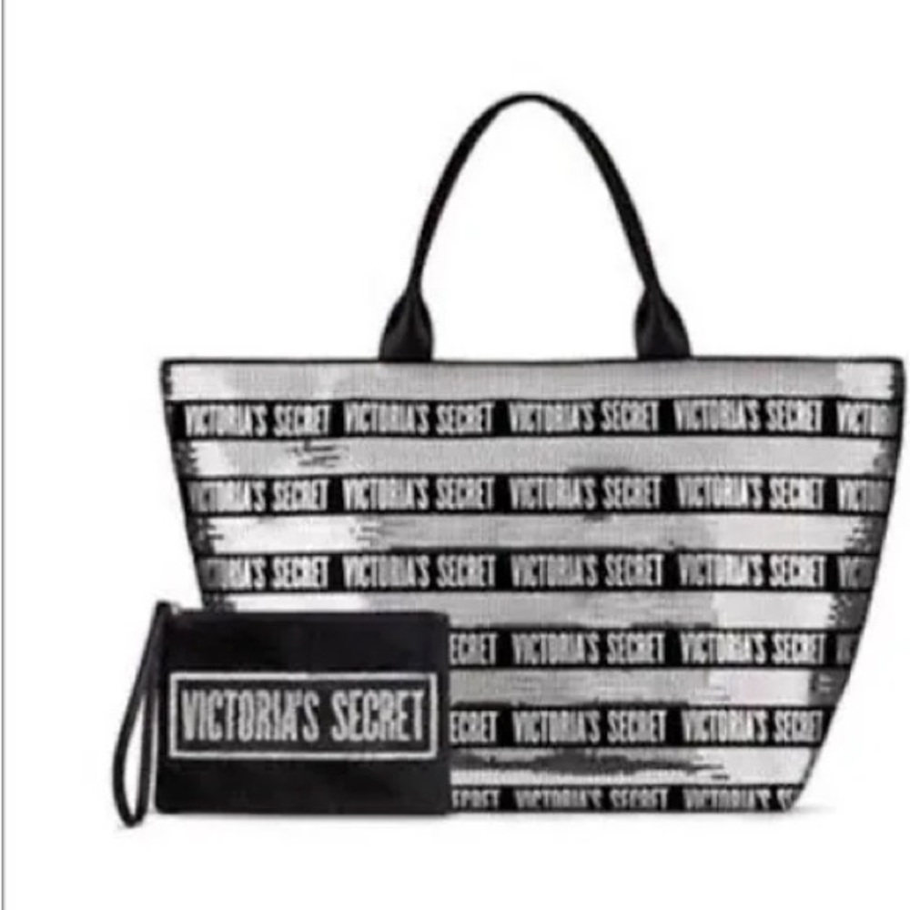 Victorias Secret Black Silver Sequin LTD Edition Tote Weekend Beach Bag NEW